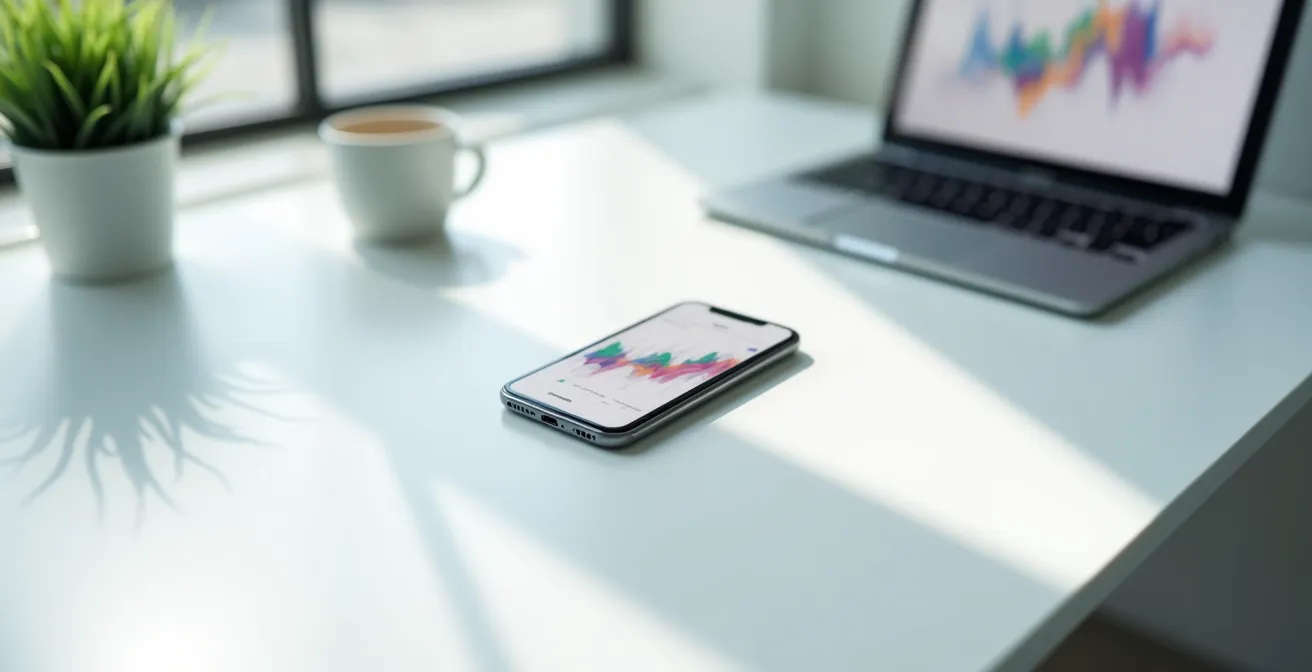 Vue en plongée d'un bureau épuré avec smartphone et ordinateur portable montrant des graphiques abstraits et des formes géométriques colorées