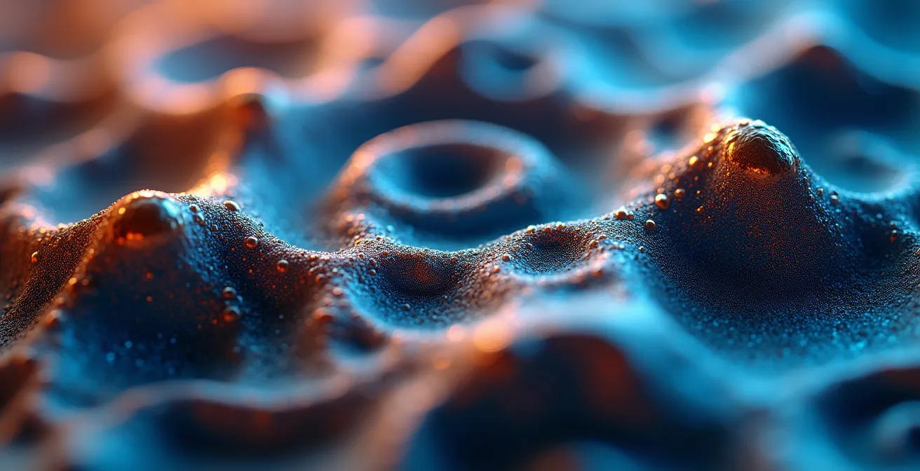 Gros plan sur des visualisations de données complexes avec des patterns organiques représentant l'analyse IA