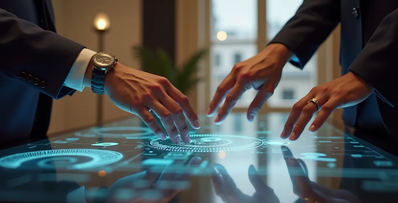 Mains interagissant avec surface tactile interactive dans environnement moderne