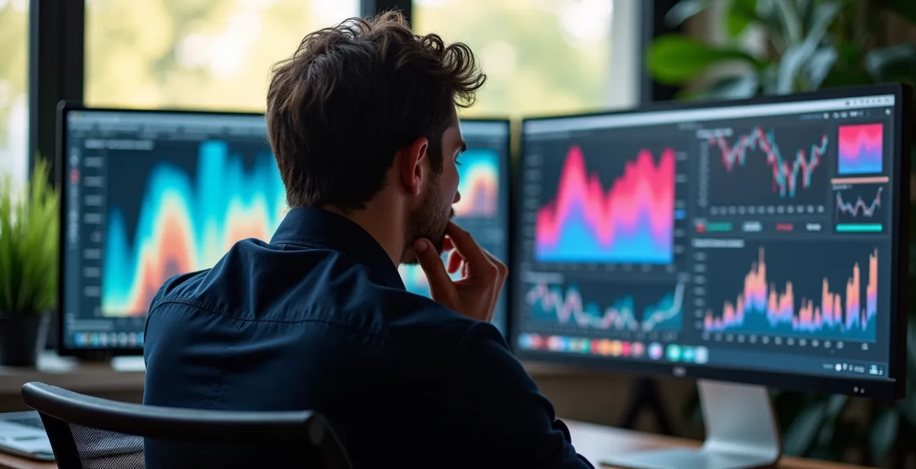 Personne analysant des graphiques colorés sur plusieurs écrans dans un bureau moderne lumineux