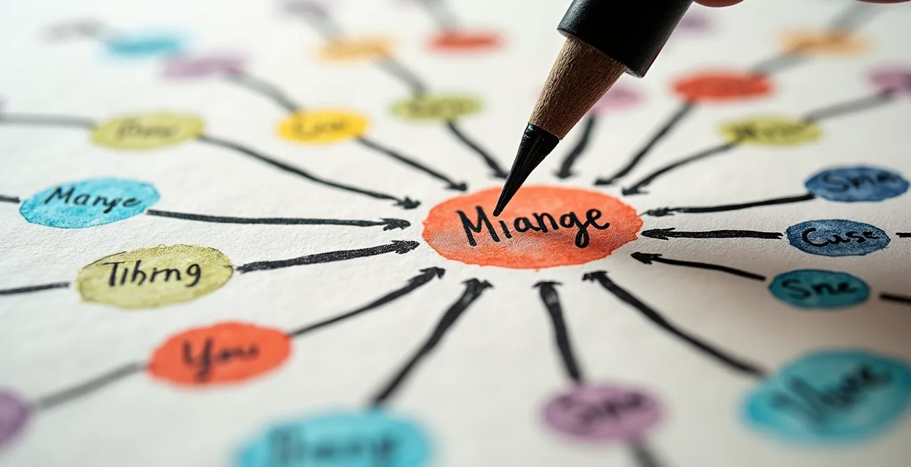 Vue macro d'une carte mentale manuscrite montrant les branches Who What When Where Why How en français