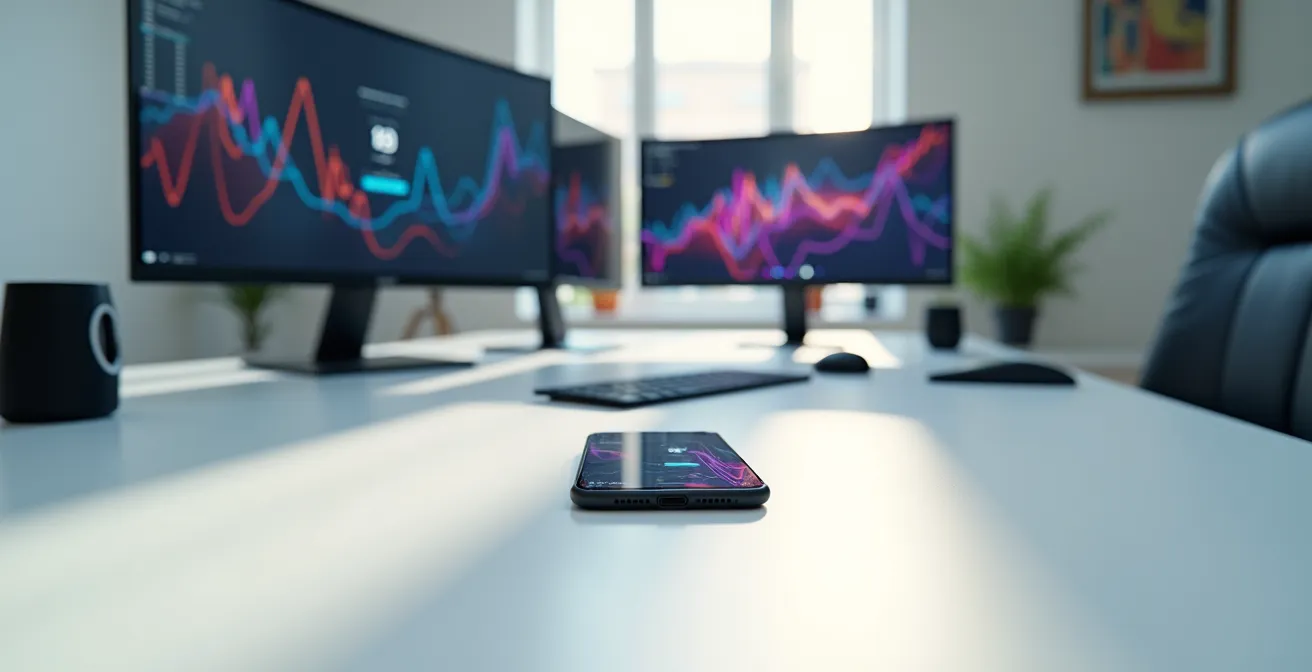 Espace de travail minimaliste avec écrans montrant des graphiques de performance abstraits