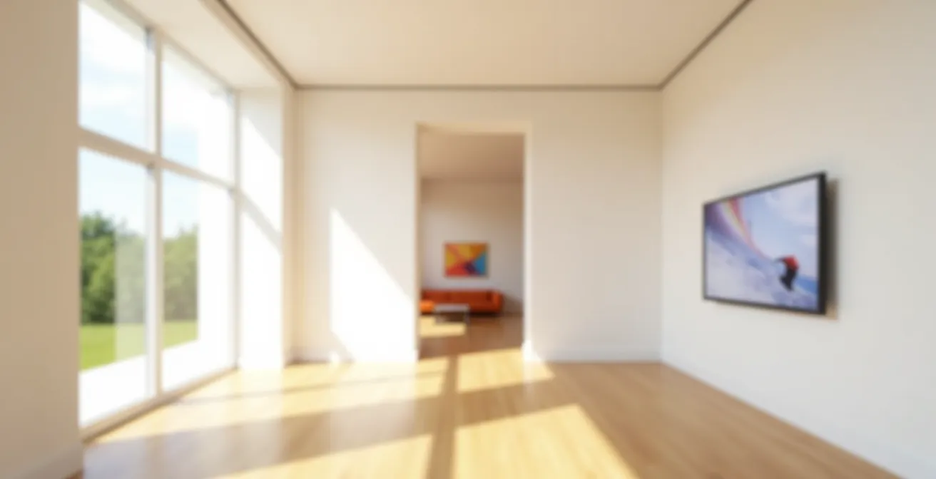 Espace minimaliste avec chemin lumineux guidant vers une zone chaleureuse et accueillante