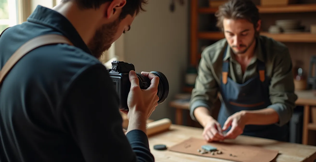 Créateur de contenu filmant une séquence authentique dans un atelier artisanal français