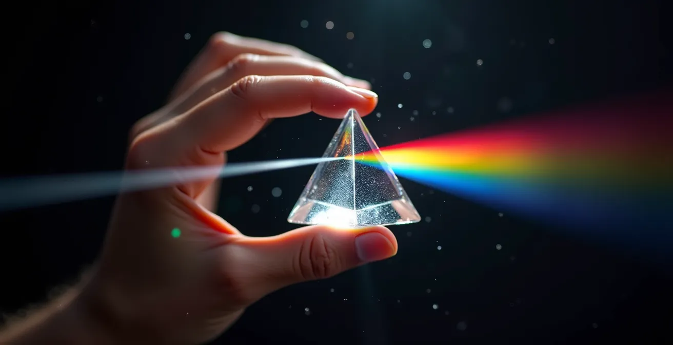 Gros plan sur une main tenant un prisme de cristal décomposant la lumière en multiples directions colorées, symbolisant la différenciation de la proposition de valeur