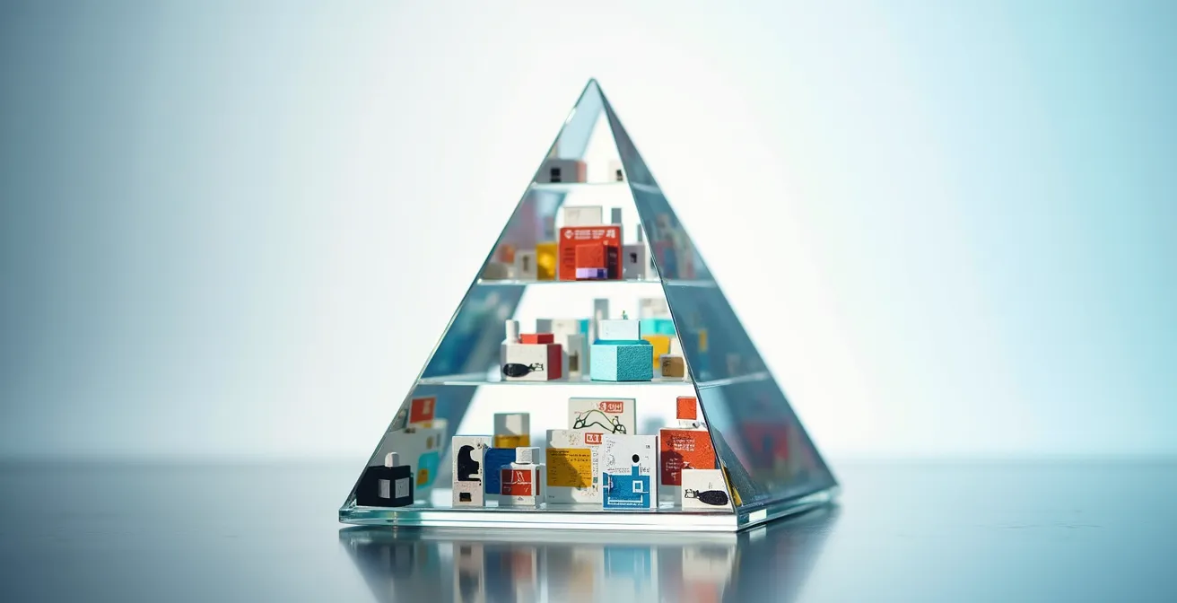 Représentation visuelle d'une pyramide de contenu avec différents formats médias