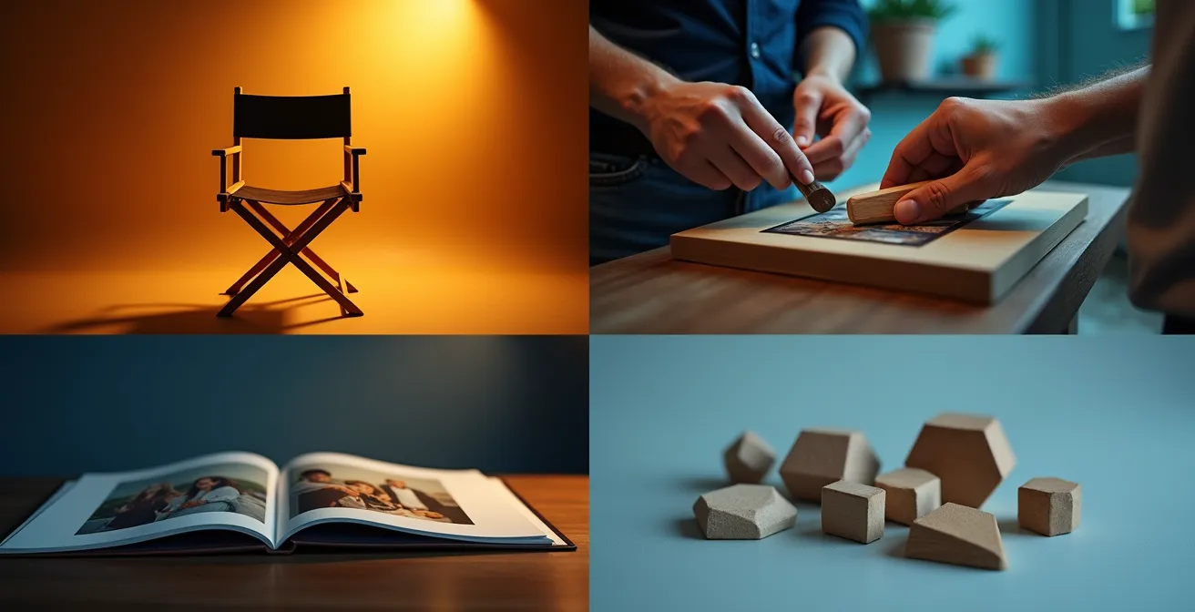 Composition visuelle en quatre quadrants montrant les super-pouvoirs de la vidéo : incarnation humaine, démonstration pratique, émotion et simplification