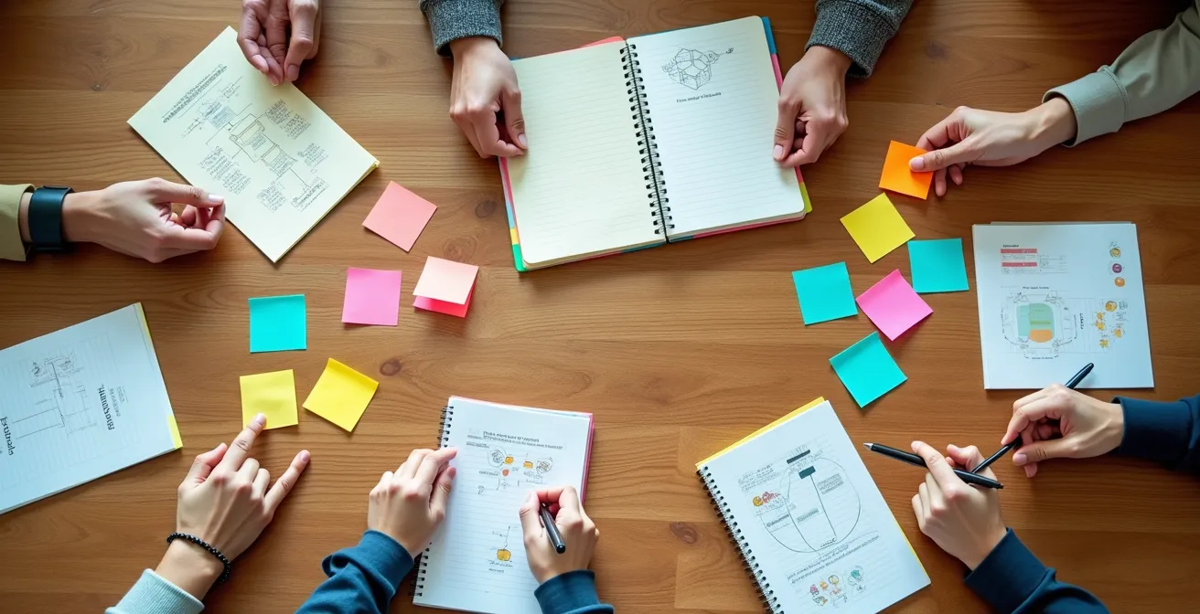 Bureau créatif avec carnets de notes, post-its colorés et tableau d'idées pour stratégie de contenu vidéo