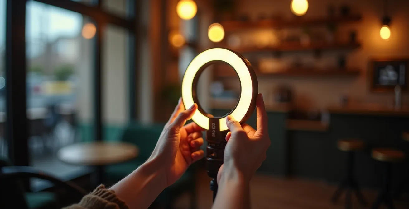 Scène dynamique illustrant la création de contenu Reels avec éléments de production visuelle