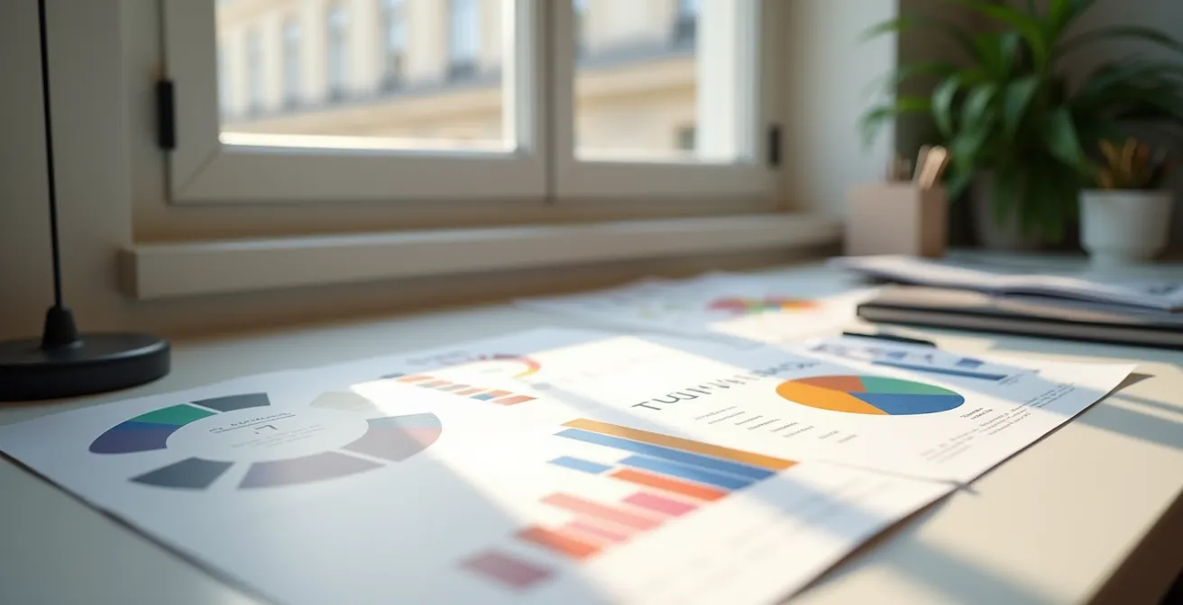 Vue minimaliste d'un espace de travail avec visualisations de données colorées