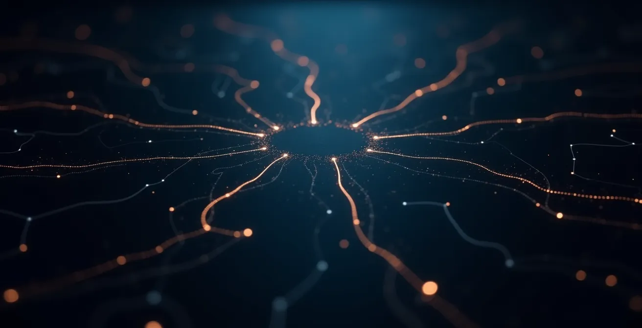 Vue aérienne minimaliste d'un réseau de connexions lumineuses formant une toile sémantique abstraite