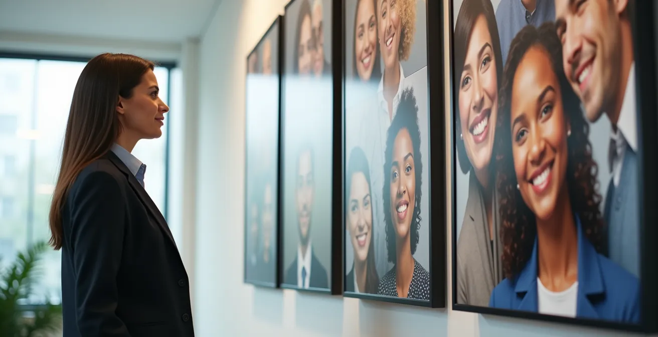Mur de témoignages clients avec photos dans un espace de travail moderne
