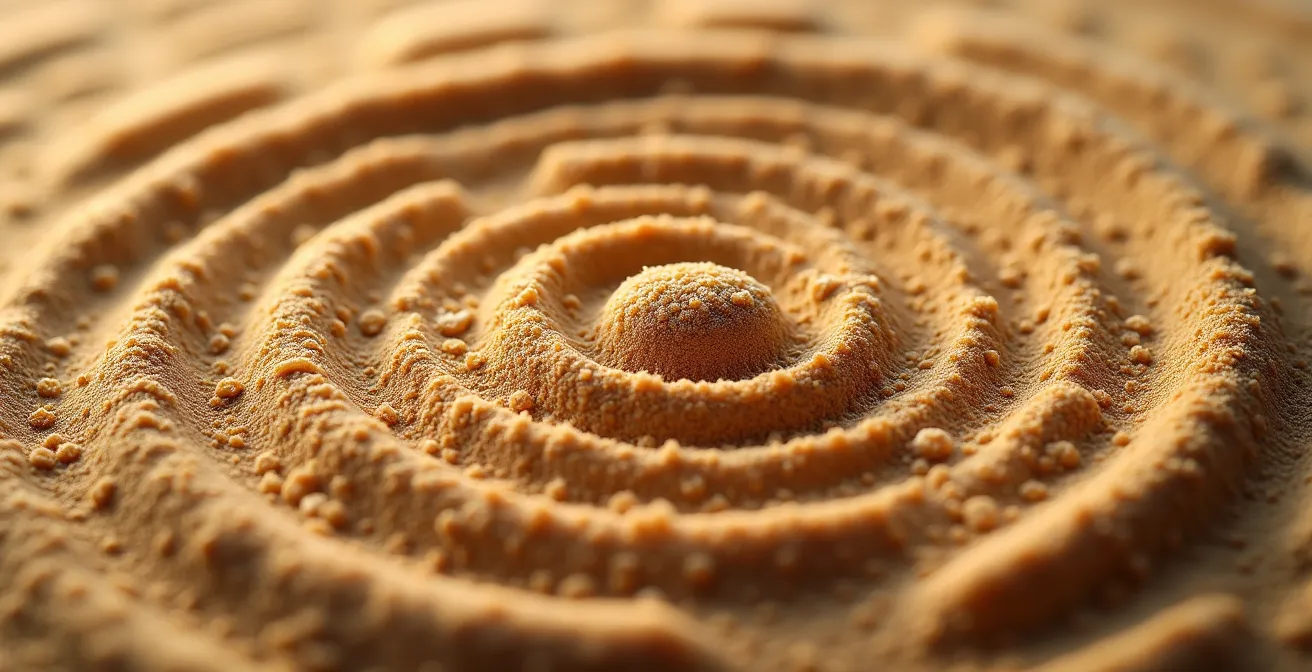 Vue macro d'ondes sonores créées par vibration sur surface texturée, illustrant la nature du son.