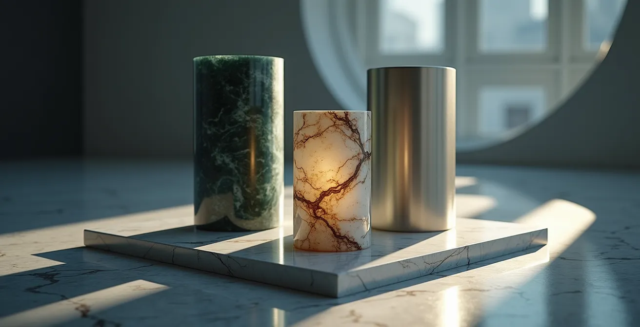 Composition symbolique montrant trois éléments architecturaux en équilibre représentant les piliers du SEO