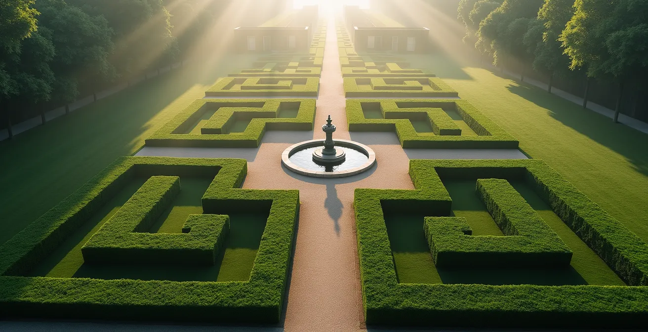 Vue aérienne minimaliste d'un jardin français structuré symbolisant la croissance patrimoniale du portefeuille client